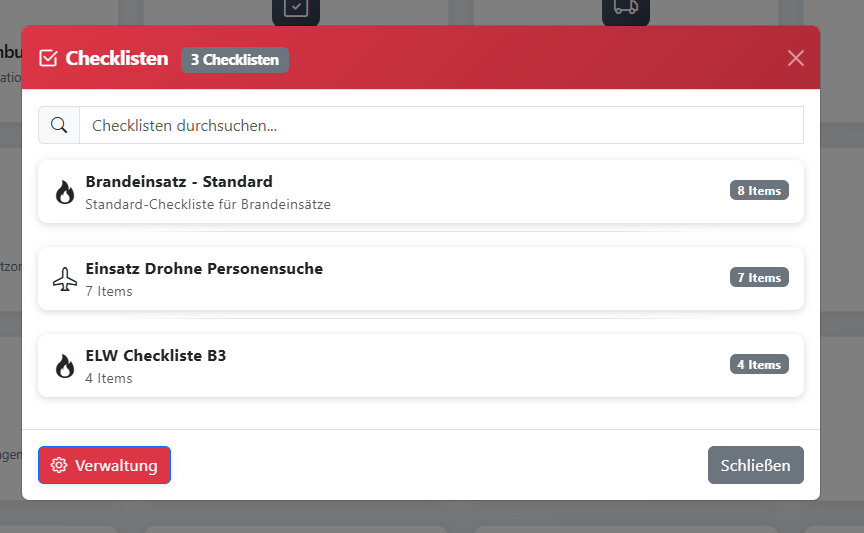 Screenshot: Checklisten-Auswahl