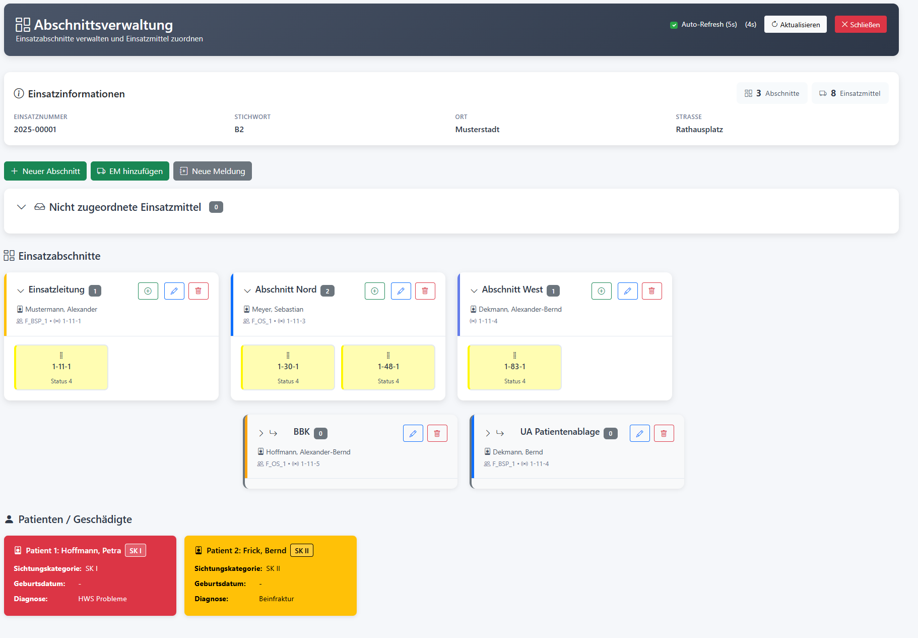 Abschnittsverwaltung - Grid-Ansicht mit Haupt- und Unterabschnitten